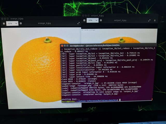 Используя GoogleNet, Учебное пособие для Jetson Nano успешно идентифицирует оранжевый и показывает вероятность в небольшом текстовом наложении, видимом в левом верхнем углу выходного изображения.