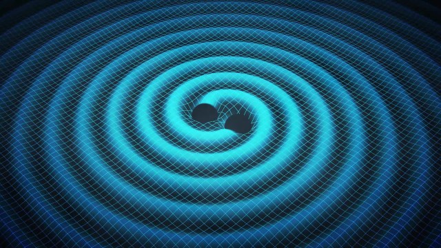 A simulation of black holes spiraling toward a collision and throwing off gravitational waves.