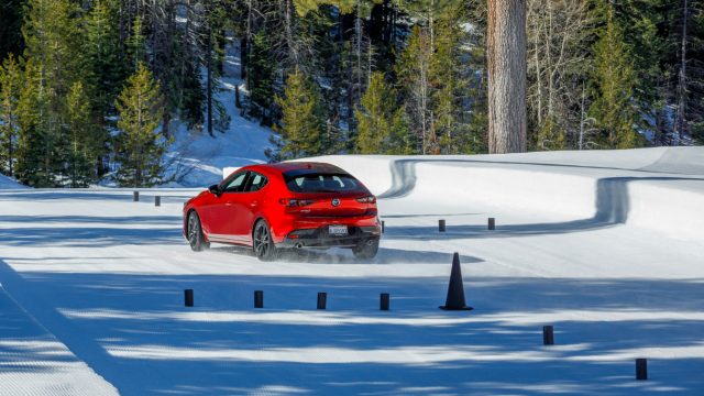 The Mazda3 hatchback on snow-and-ice course in Squaw Valley, CA. Car tracked smoothly into and out of corners.