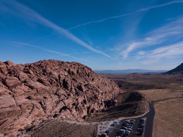 Shot from a Mavic Pro in Red Rock Canyon National Park looking towards Las Vegas.