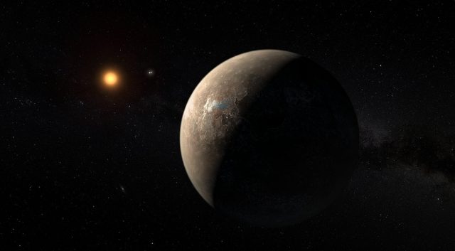 A less optimistic rendering of the planet Proxima b orbiting in the Goldilocks zone around the red dwarf star Proxima Centauri.