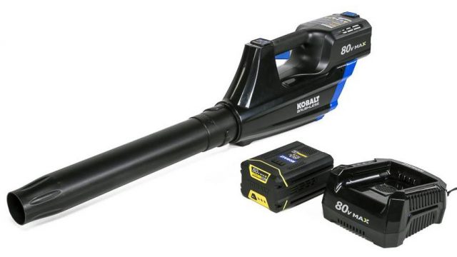 Consumer Reports‘ top-rated (by score) Kobalt (Lowe’s) KHB-400 series leaf blower: $250 with 80-volt, 2-Ah battery, $150 as a bare tool.