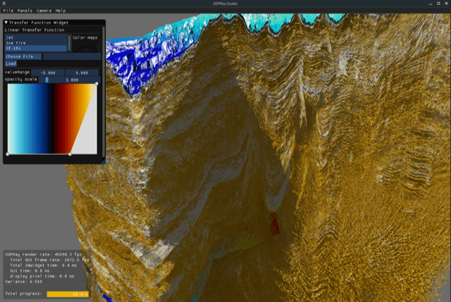 Screen capture of OSPRay Studio rendering the Moroccan ocean shelf with Intel OSPRay and Intel OpenVKL. Data credit: Bureau of Economic Geology at The University of Texas at Austin/The Moroccan National Office of Hydrocarbon and Mining