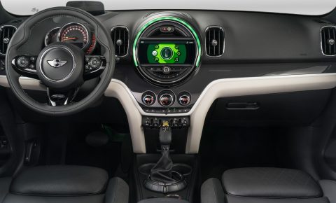 The Mini dashboard continues with a big instrument pod in the middle, now with infotainment, not a  speedometer (cops could see how fast you were going). 