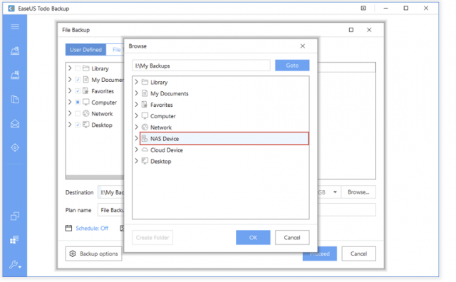 You can add a Network Server as a backup destination for Easeus Todo Backup using a mount point, a UNC path, or via the NAS Device option.