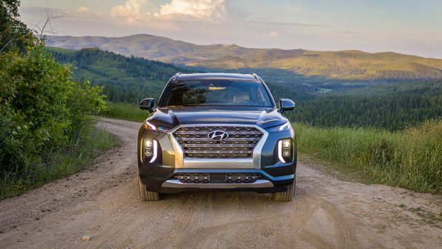 Hyundai Palisade 2020 года с гигантской решеткой отлично справляется с грунтовыми дорогами.