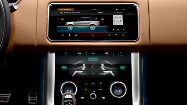 Top and bottom 10-inch displays work well together. Note a readout (top) most automakers don&#039;t have: water-fording information and a warning when you&#039;re getting close.