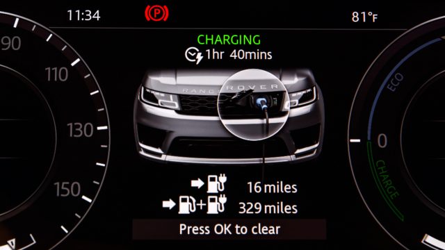 The instrument panel reads out charge time and total range on battery and battery-plus-engine. The P400e&#039;s 31-mile-rated battery range applies to European testing. US journalists are finding mid- to high 20s.