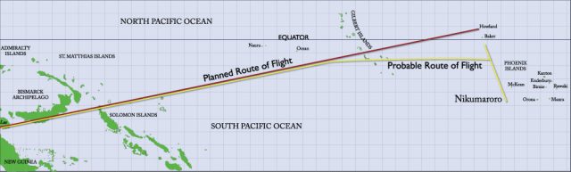 Earhart’s planned route and the deviation TIGHAR believes she most likely took.