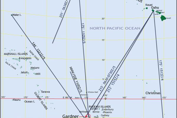 After Earhart went down, multiple ships and fixed stations took bearings on her estimated position. They all converge on Gardener Island. Click to enlarge, Ctrl-Click to enlarge in a separate window. 