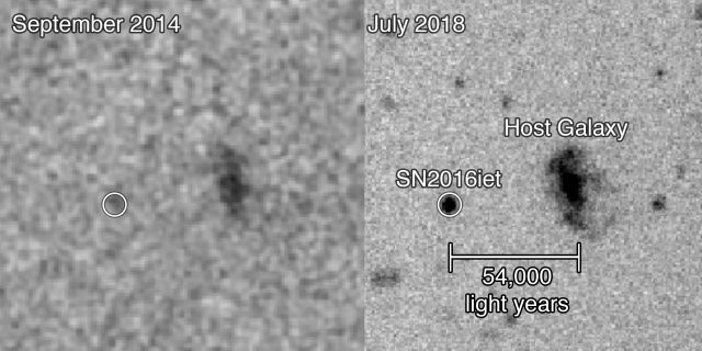 Яркость SN2016iet значительно возросла, когда он наконец взорвался.