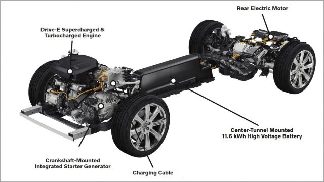 The XC60 Polestar Engineered drivetrain: four-cylinder Drive E supercharged/turbocharged engine up front, 34-kW starter-generator, 11.6 kWh battery mounted low in the center tunnel, and 87 hp electric motor. 