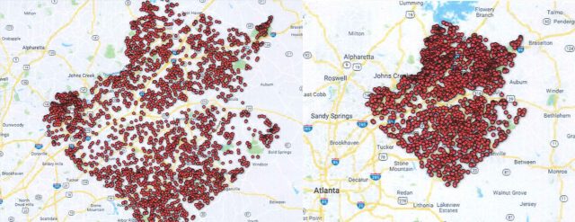 The maps of active Ring cameras provided by Ring to Gwinnett County Police.