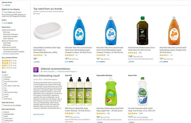 If you didn’t look carefully, you might not realize that all of the products in the top row are made by Amazon. From a search for “dish soap.”