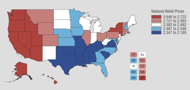 Середня ціна бензину в США, згідно з AAA, становила 2,564 долара за галон (16.09.2018), в середньому по всіх регіонах і всіх рецептурах. Держави з найдешевшими витратами на газ - на Заході, плюс штат Нью-Йорк, з найнижчими цінами на Півдні та Південному Сході.