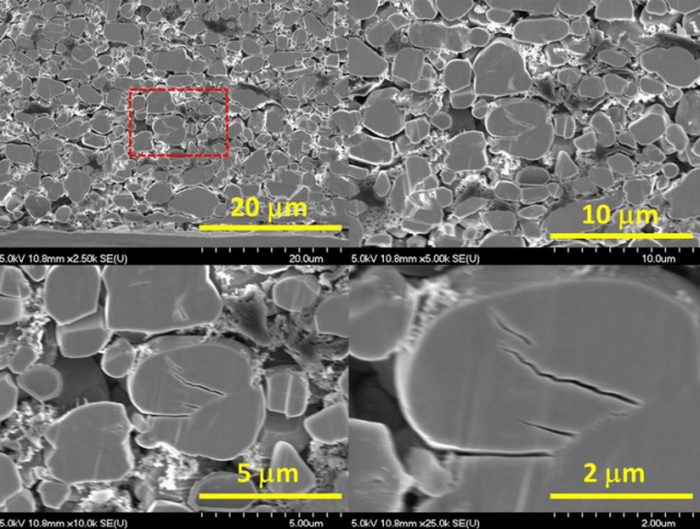 An electron microscope cross-section of the new NMC electrode showing very low damage after 5,300 cycles.