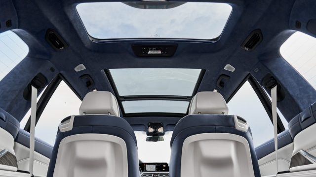 The panoramic moonroof even has a module (top of photo) for third-row passengers. The optional Panoramic Sky Lounge LED Roof creates six patterns on the glass at night. Or as the old guard says, "Sign of the apocalypse." 