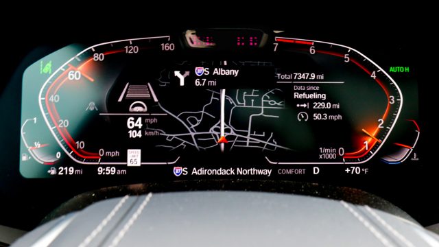 The 12.3-inch instrument panel LCD morphs instrument information, the map display, the tachometer, the speedometer, and speed limit and next-turn information.