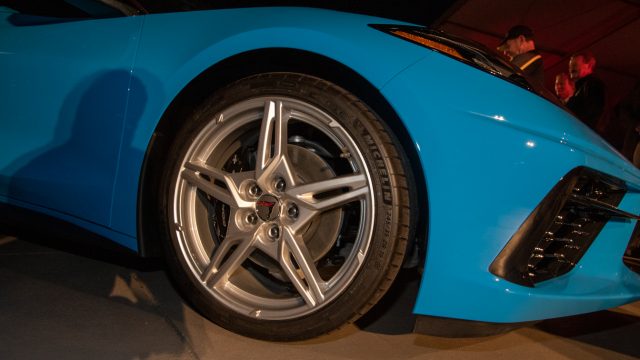 The Corvette convertible runs staggered wheels — 20 inches in diameter in the front, 21 inches rear. 