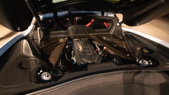 The engine bay of the 2020 Corvette convertible. 