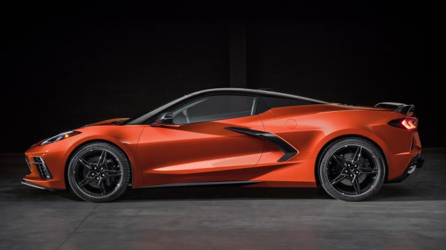 A profile view of 2020 Chevrolet Corvette Stingray Convertible in Sebring Orange Tintcoat ($995).