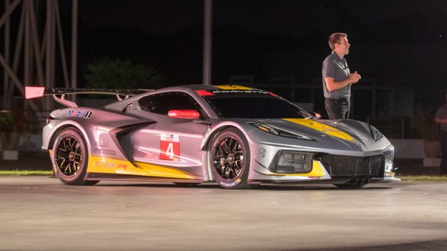 Surprise guest: the Corvette C8 race car that debuts over the winter at the 24 Hours of Daytona, with driver Tom Milner. 