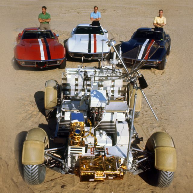 Astronauts James Irwin, Alfred Worden, and David Scott (L-R) with their 1971 red, white and blue Corvettes, and the Lunar Roving Vehicle to be used in the Apollo 15 mission. This Independence Day, we’re celebrating the freedom to explore and American ingenuity. The sky was never the limit. Credit: NASA