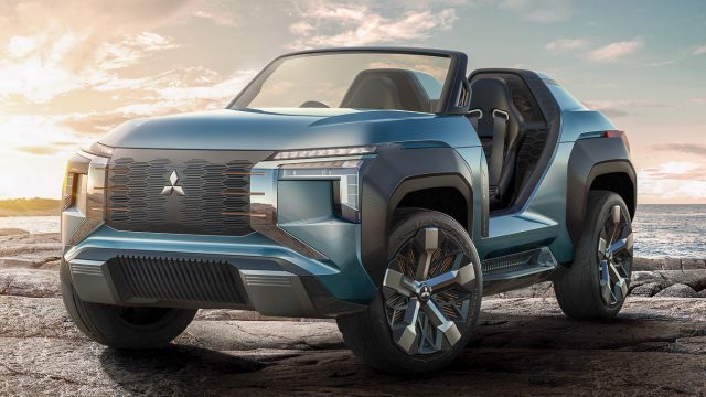 The Mitsubishi Motors Mi-Tech Concept represents a small electrified SUV (open top here) concept car. It uses a plug-in hybrid built around a gas turbine — yes, a turbine engine — a generator, and electric motors at each wheel. It would seat a driver and passenger.