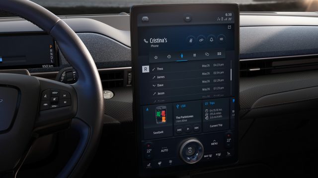 Huge. Tesla-like: the 15.5-inch, 1920 x 1200 pixel center stack display standard on all Mach-E&#039;s. Ford said customers wanted a physical volume knob, and one is bonded to to the panel. Ford says Sync 4 is flatter, with fewer hidden menus. 