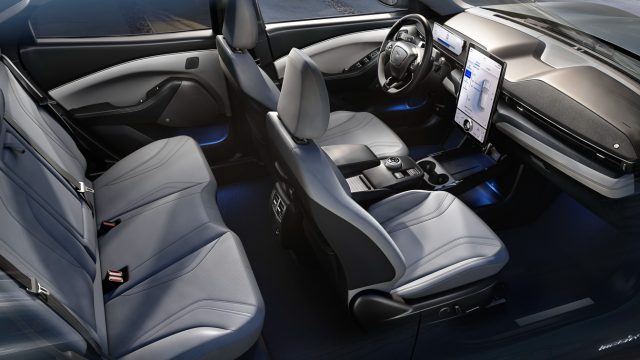 Cockpit of the 2021 Mustang Mach-E. The upholstery is all synthetic. Ford sees a trend away from leather. Other makers see desire for wool or rugged cloth seating as well; Ford says its focus groups weren&#039;t interested. 