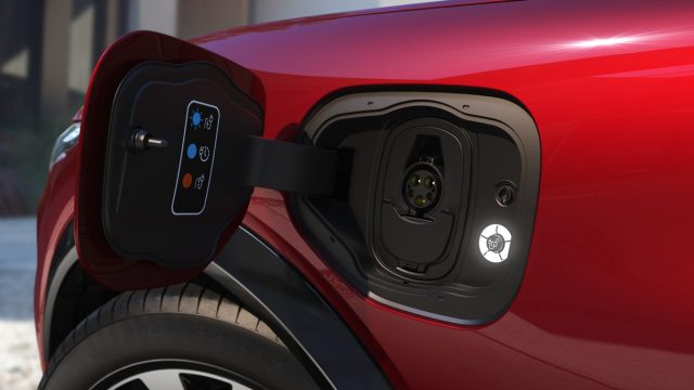 Charge port of the Mach-E is on the left front fender. Ford supplies a 120/240-charge cable and will partner with Amazon to sell and install a 48-amp, 240-volt charger for overnight refill of even an empty battery. 