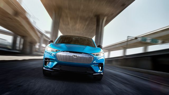 Front view of the front grille of the 2021 Mustang Mach-E. 