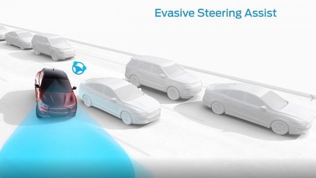 Evasive steering assist adds steering effort to the driver’s inputs in situations where sensors detect a possible collision that can be avoided by turning the wheel.