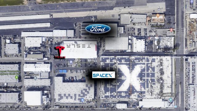 Southeast section of Hawthorne Municipal Airport. Ford rented an event space (under the Ford annotation) alongside the 4,956-foot runway for the Mach-E rollout. Look who the neighbors are: Tesla Design studio and SpaceX. The studio has been home to many Tesla product launches. (Image: Google)