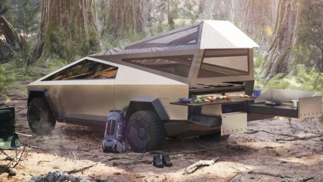 A Tesla rendering of a Cybertruck with a camping rig. Critics of the Pontiac Aztek said its camper module was the one thing that made the back end attractive.