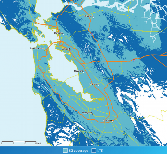 Пример ожидаемого покрытия ATG 5G в районе залива Сан-Франциско.
