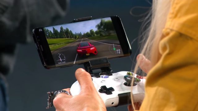 Xcloud streaming Forza to an Android device in a Microsoft demo.