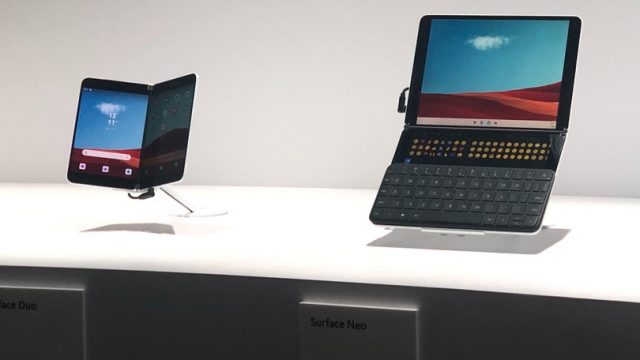 The Android-powered Duo next to the Windows-powered Neo. Credit: PCMag/Michael Muchmore