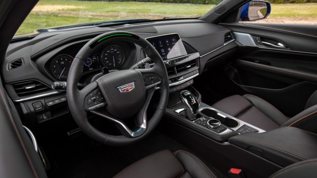 The cockpit of the compact 2021 Cadillac CT4-V.