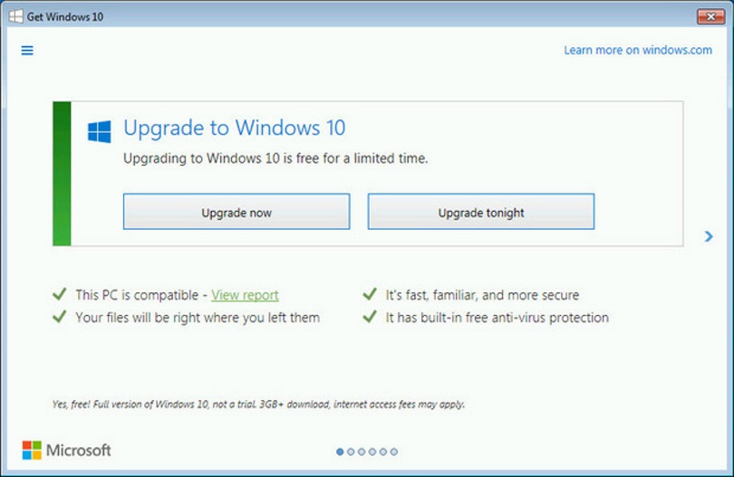 By early 2016, Microsoft had changed the app. The only way to close it was to click on the red X in the upper-right-hand corner. The prominent options were "Upgrade Now" or "Upgrade Tonight."