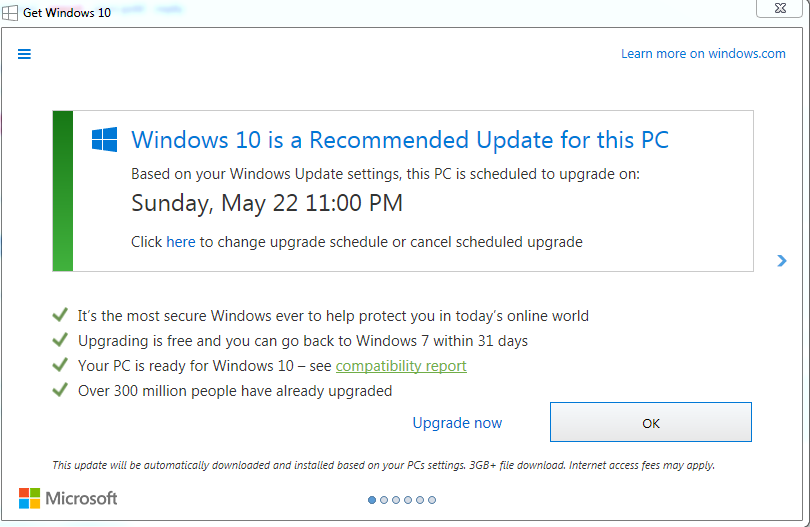 By May 2016, Microsoft had changed the application again. Now, clicking on the white X at the top-right screen did nothing. The end-user's system would still upgrade to Windows 10, even though the end-user attempted to prevent it. This change earned MS a lawsuit and widespread accusations of malware-like tactics.  Changing the behavior of the "X" is what's known as a 'dark pattern' — a deliberate subversion of what the end-user expects to achieve the opposite result.