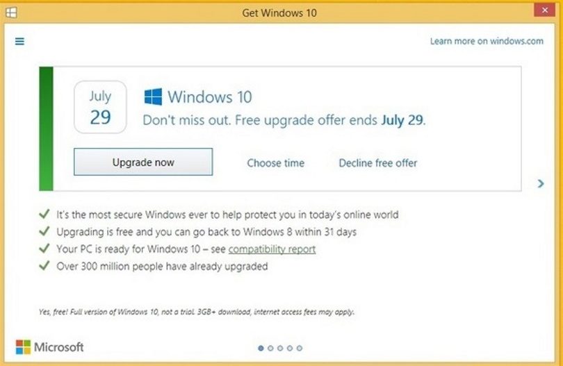 Microsoft's version of the app after it was forced to admit it had shipped malware-like tactics to customers. The red "X" now dismisses the upgrade again.